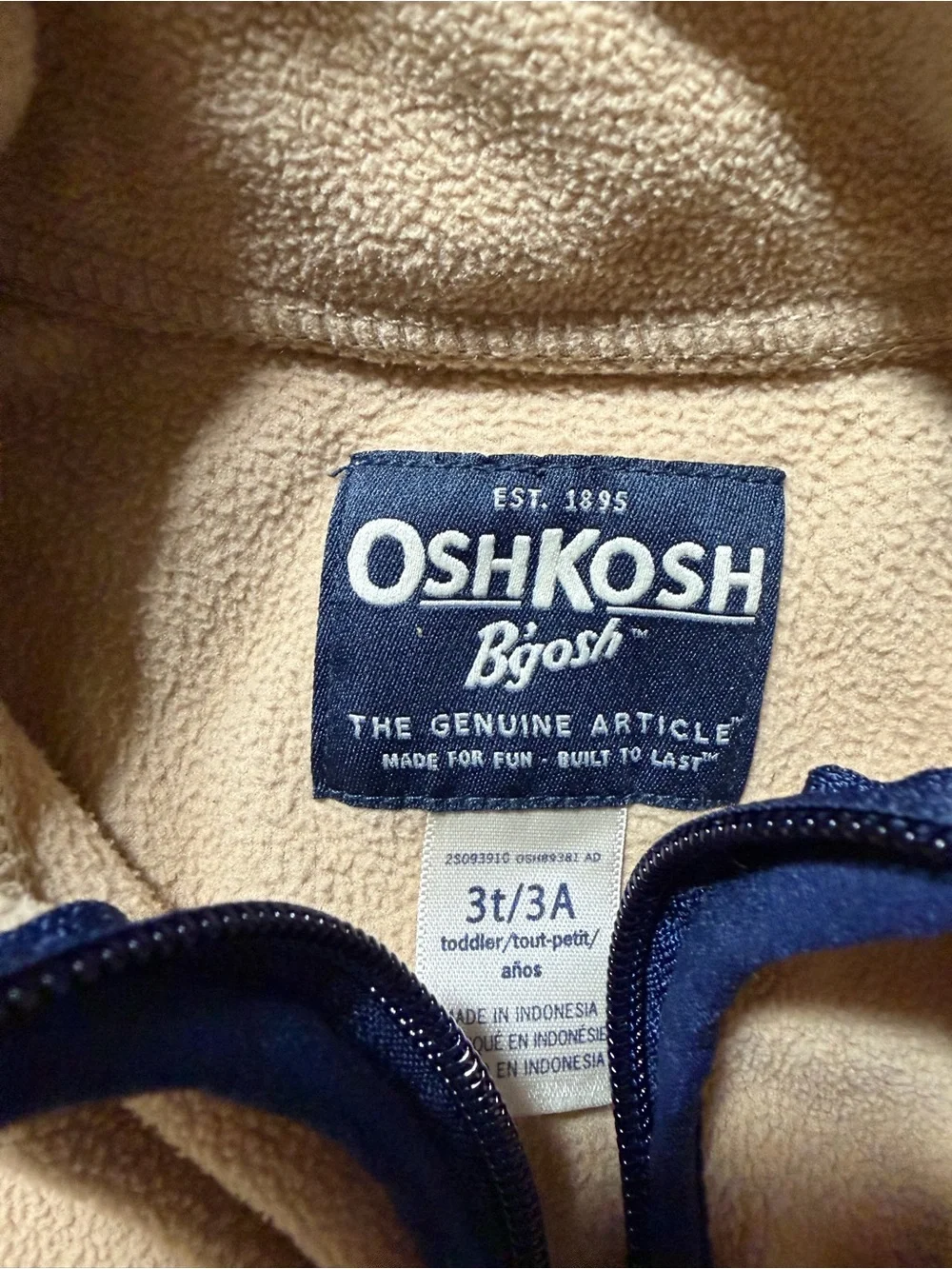 OshKosh B'gosh Tan and Cream Half-Zip Fleece Pullover with Navy Trim size 3T